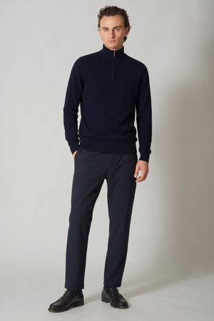 Navy Pure Cashmere Mock Neck Pullover with Zip