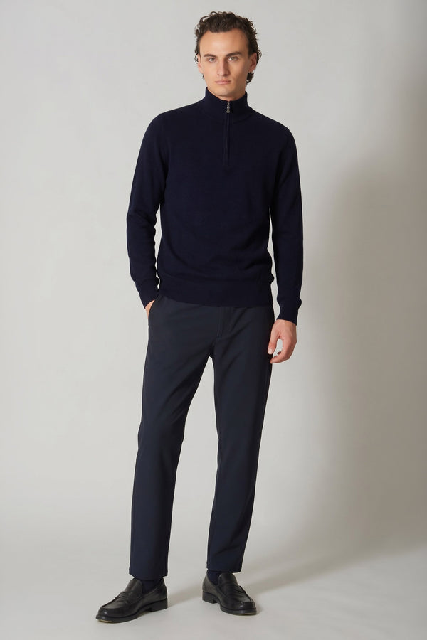 Navy Pure Cashmere Mock Neck Pullover with Zip