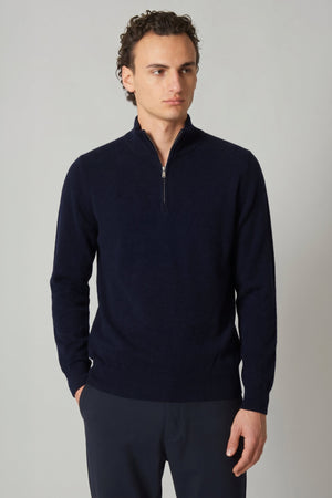 Navy Pure Cashmere Mock Neck Pullover with Zip