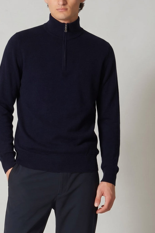 Navy Pure Cashmere Mock Neck Pullover with Zip