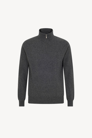 Dark Grey Pure Cashmere Mock Neck Pullover with Zip