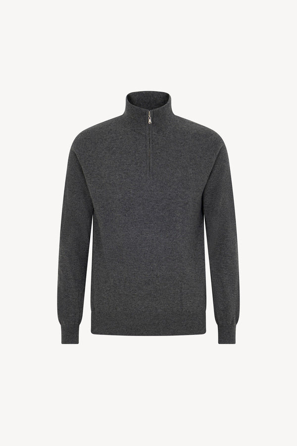 Dark Grey Pure Cashmere Mock Neck Pullover with Zip