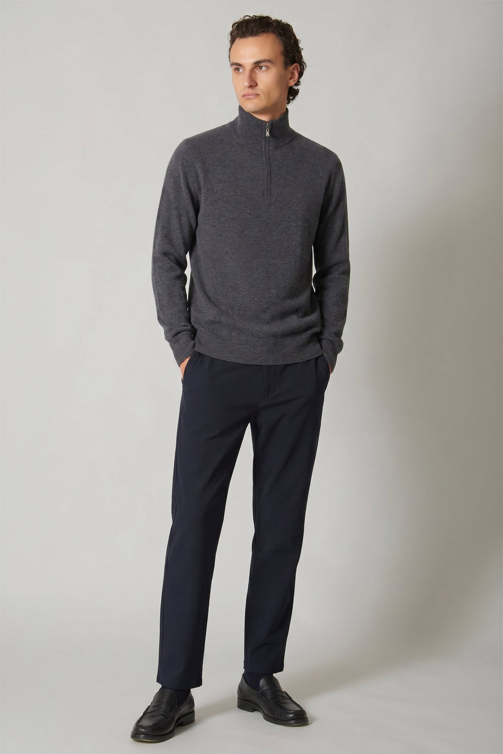 Dark Grey Pure Cashmere Mock Neck Pullover with Zip