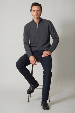 Dark Grey Pure Cashmere Mock Neck Pullover with Zip