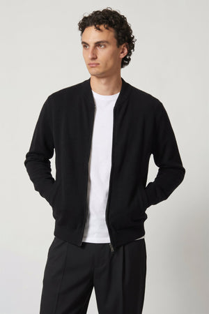 Cardigan a Bomber con Zip in Puro Cashmere Nero