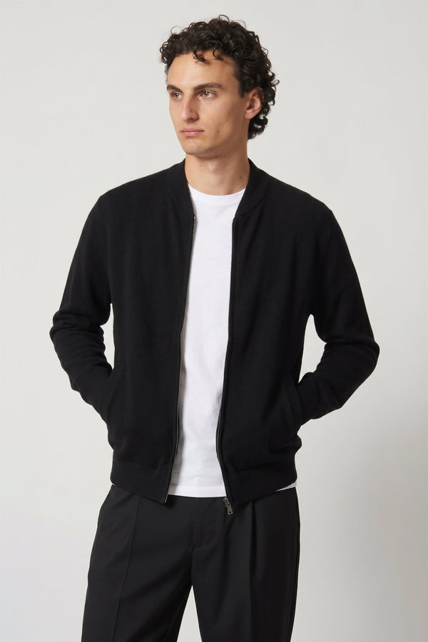 Cardigan a Bomber con Zip in Puro Cashmere Nero