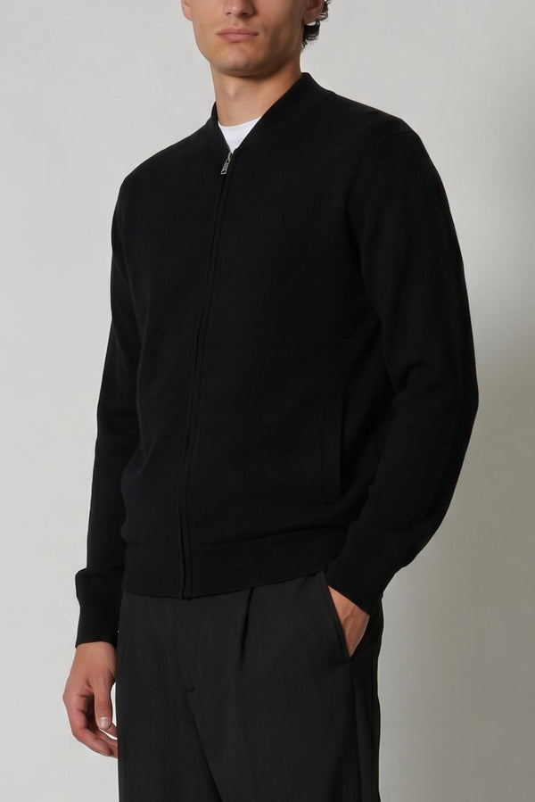 Cardigan a Bomber con Zip in Puro Cashmere Nero