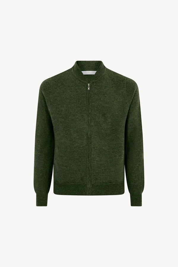 Cardigan a Bomber con Zip in Puro Cashmere Loden