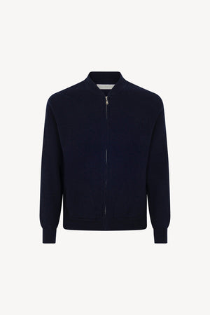Cardigan a Bomber con Zip in Puro Cashmere Navy