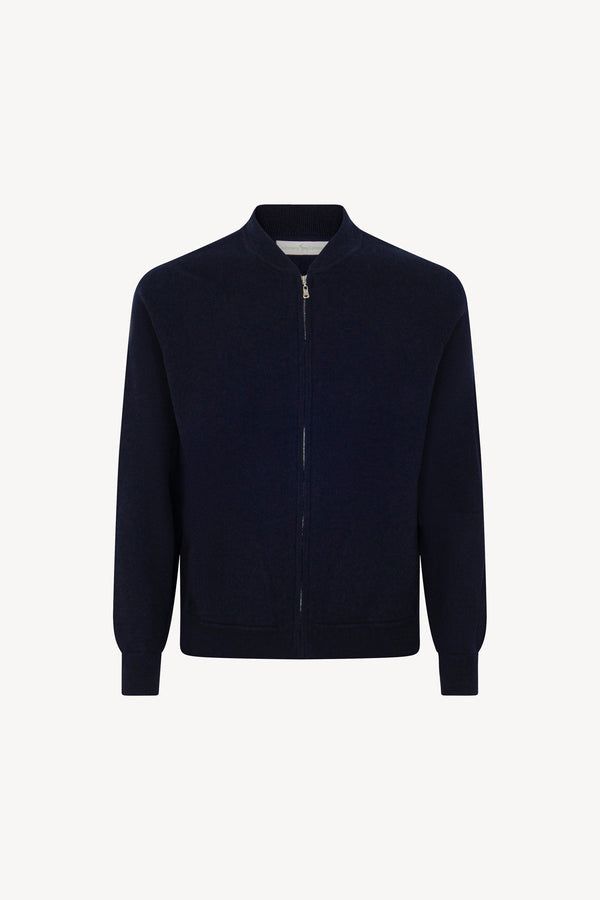 Cardigan a Bomber con Zip in Puro Cashmere Navy