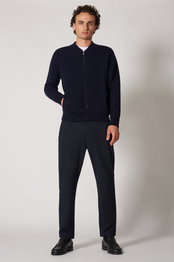 Cardigan a Bomber con Zip in Puro Cashmere Navy