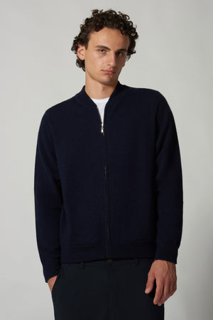 Cardigan a Bomber con Zip in Puro Cashmere Navy