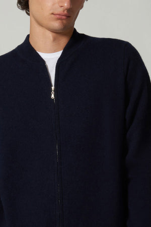 Cardigan a Bomber con Zip in Puro Cashmere Navy