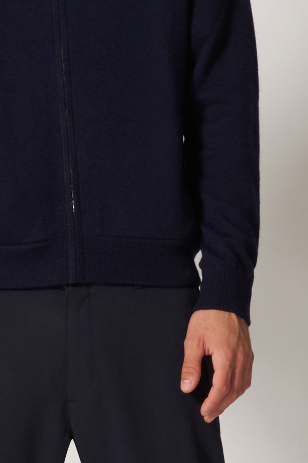 Cardigan a Bomber con Zip in Puro Cashmere Navy