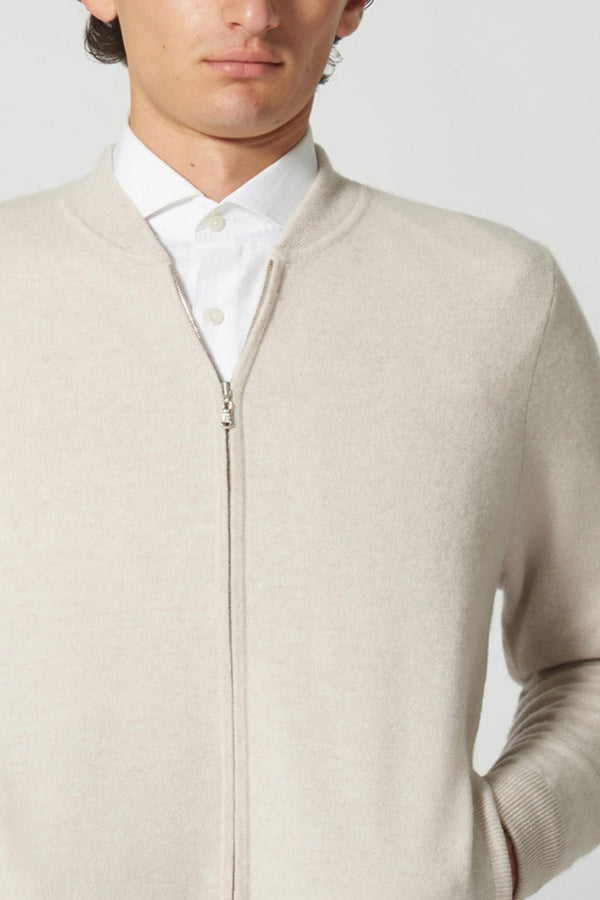 Cardigan a Bomber con Zip in Puro Cashmere Avena