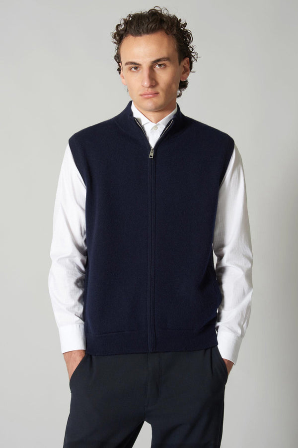 Gilet con Zip in Puro Cashmere Navy