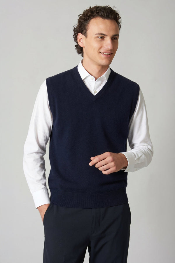 Navy Pure Cashmere V-Neck Vest