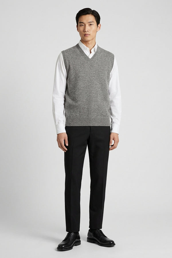 Medium Grey Pure Cashmere V-Neck Vest