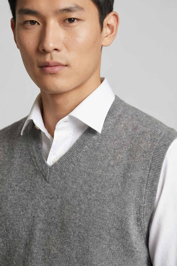 Medium Grey Pure Cashmere V-Neck Vest