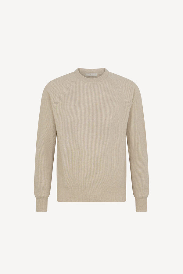 Beige Pure Cashmere Ribbed Round Neck Pullover