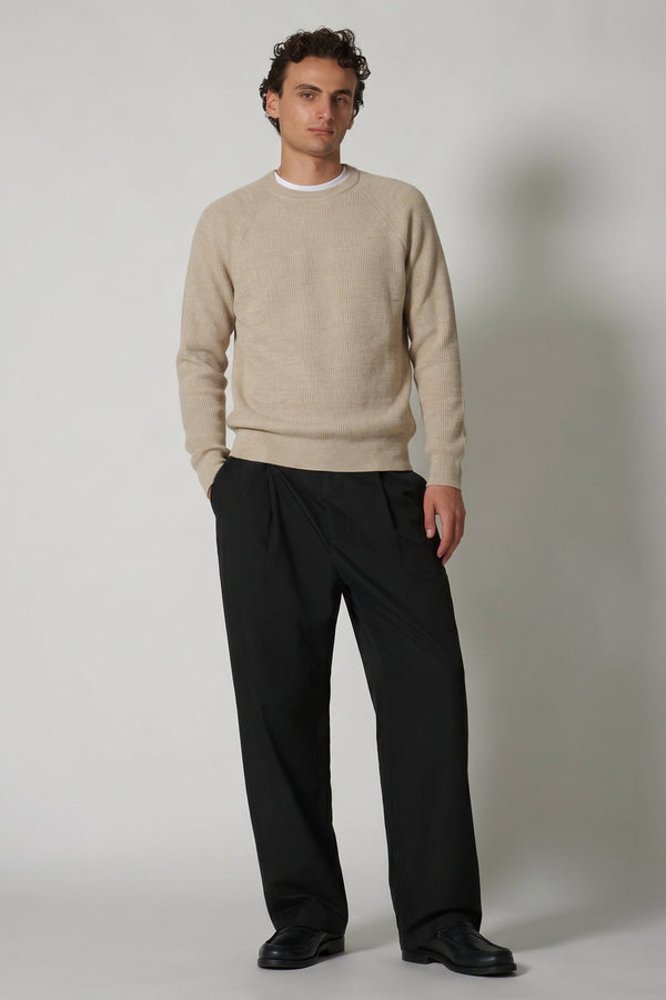 Beige Pure Cashmere Ribbed Round Neck Pullover