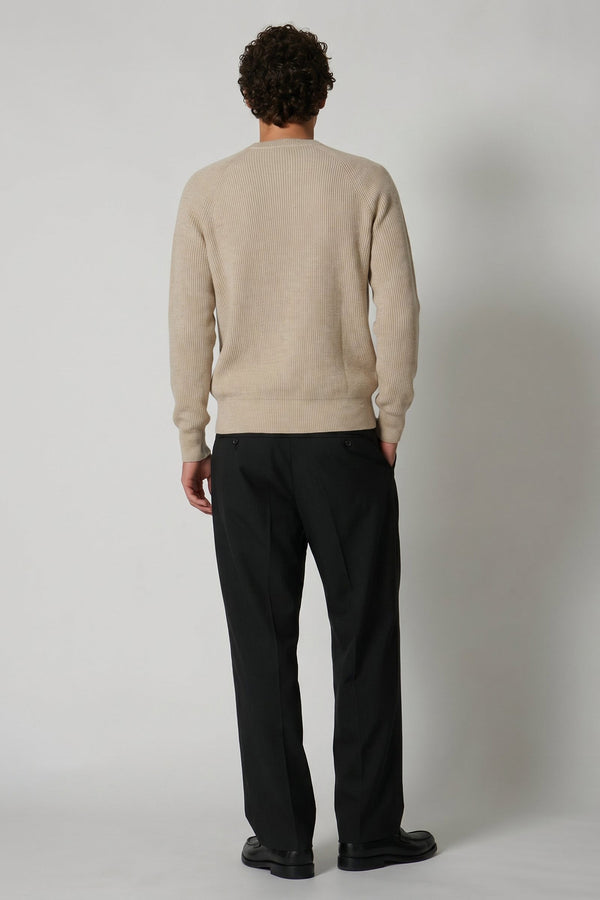 Beige Pure Cashmere Ribbed Round Neck Pullover