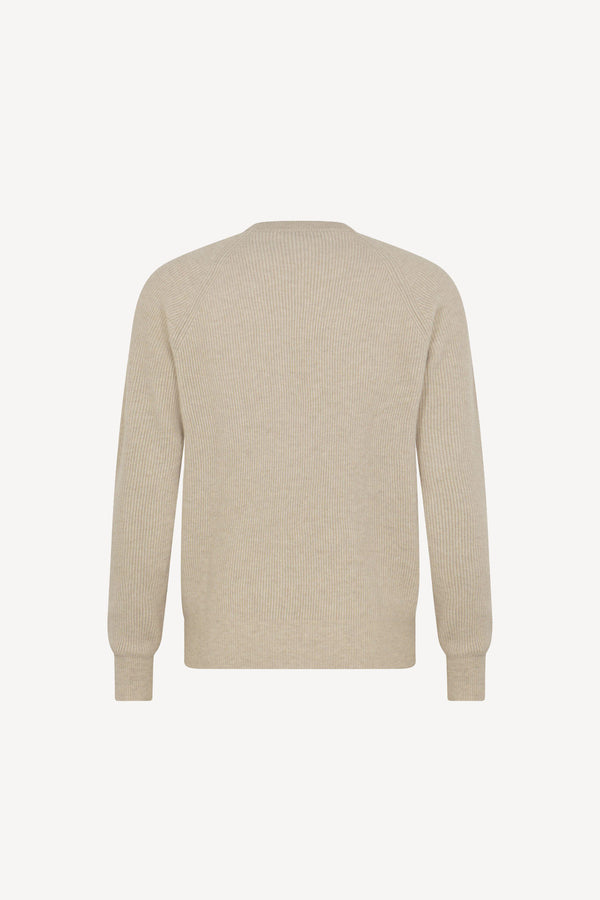 Beige Pure Cashmere Ribbed Round Neck Pullover
