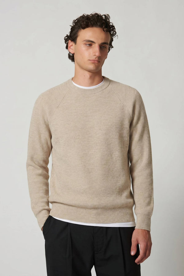 Beige Pure Cashmere Ribbed Round Neck Pullover