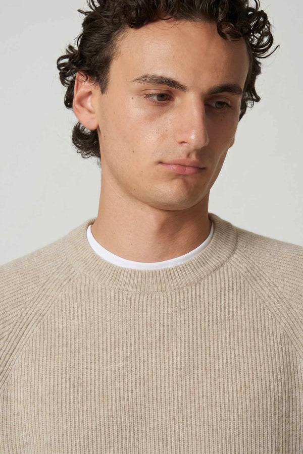 Beige Pure Cashmere Ribbed Round Neck Pullover