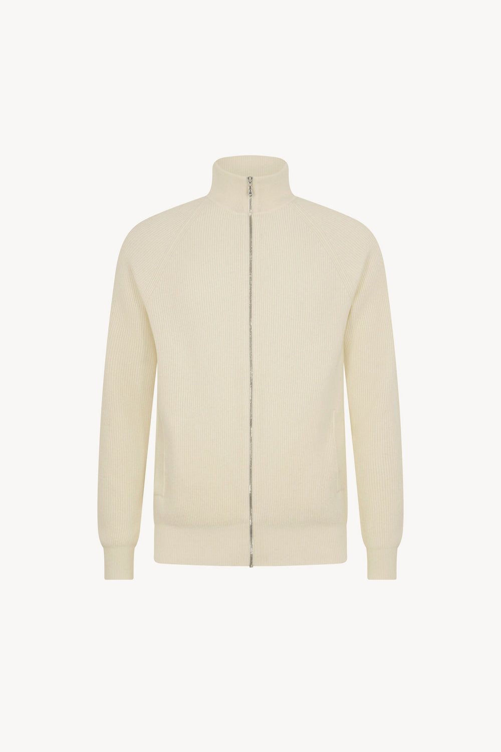 Ivory Pure Cashmere Cardigan with Zip in English Rib Knit