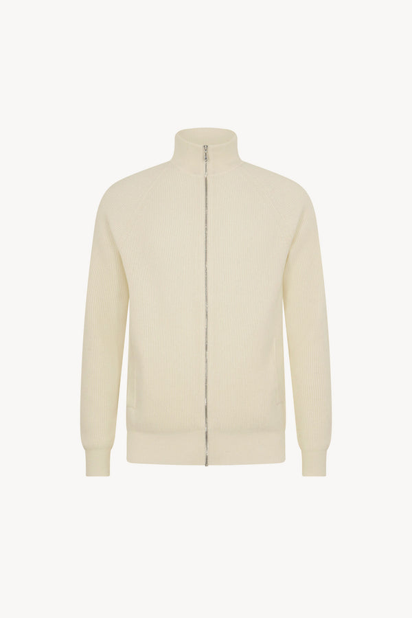 Ivory Pure Cashmere Cardigan with Zip in English Rib Knit