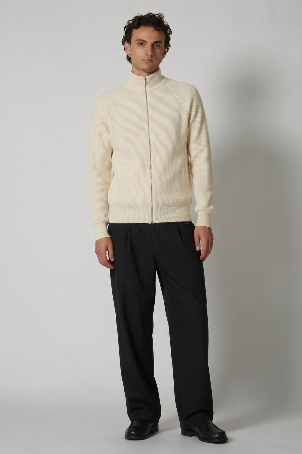 Ivory Pure Cashmere Cardigan with Zip in English Rib Knit