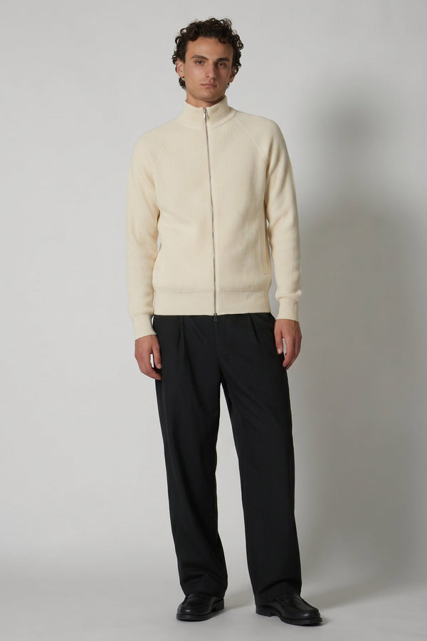 Ivory Pure Cashmere Cardigan with Zip in English Rib Knit