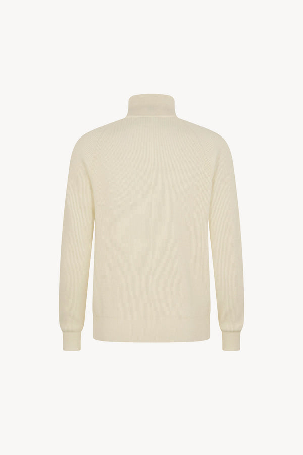 Ivory Pure Cashmere Cardigan with Zip in English Rib Knit