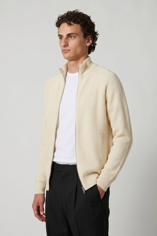 Ivory Pure Cashmere Cardigan with Zip in English Rib Knit