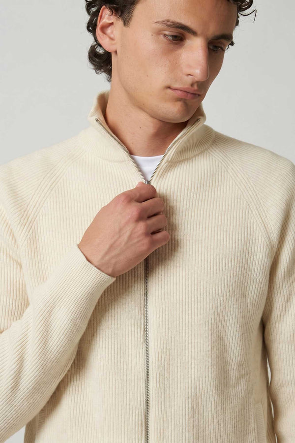 Ivory Pure Cashmere Cardigan with Zip in English Rib Knit