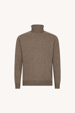 Bark Brown Pure Cashmere Moulinè 4-Ply Turtleneck Pullover