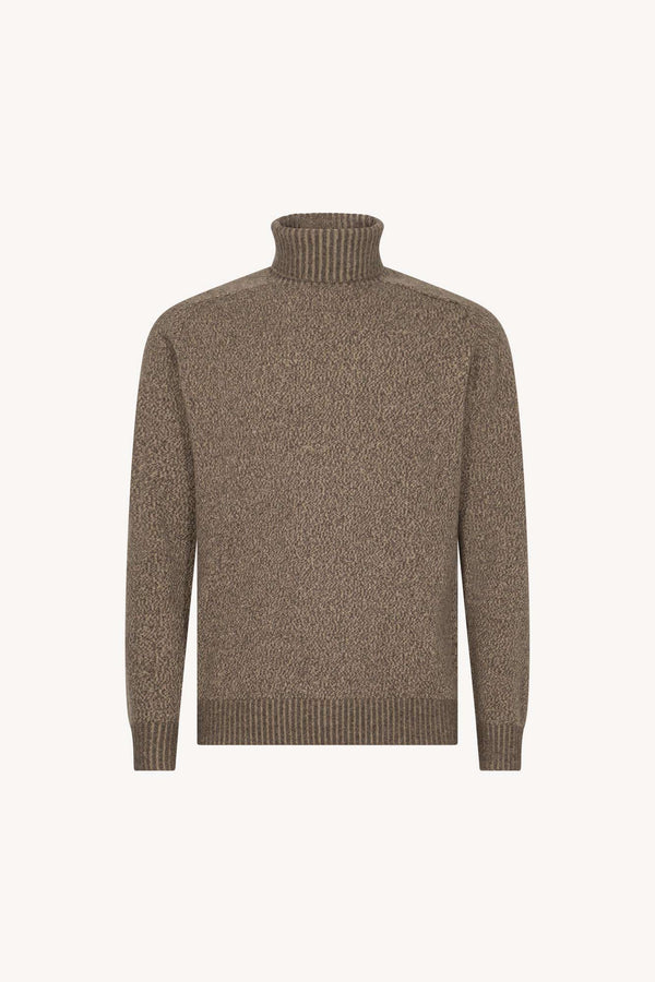 Bark Brown Pure Cashmere Moulinè 4-Ply Turtleneck Pullover