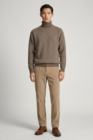 Bark Brown Pure Cashmere Moulinè 4-Ply Turtleneck Pullover