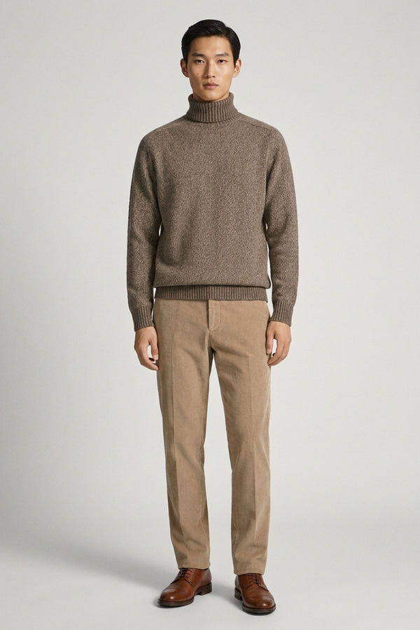 Bark Brown Pure Cashmere Moulinè 4-Ply Turtleneck Pullover
