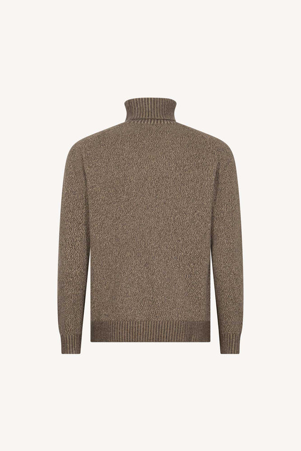 Bark Brown Pure Cashmere Moulinè 4-Ply Turtleneck Pullover