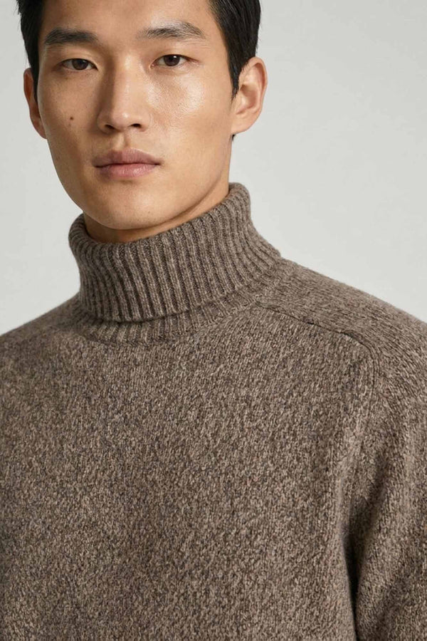 Bark Brown Pure Cashmere Moulinè 4-Ply Turtleneck Pullover