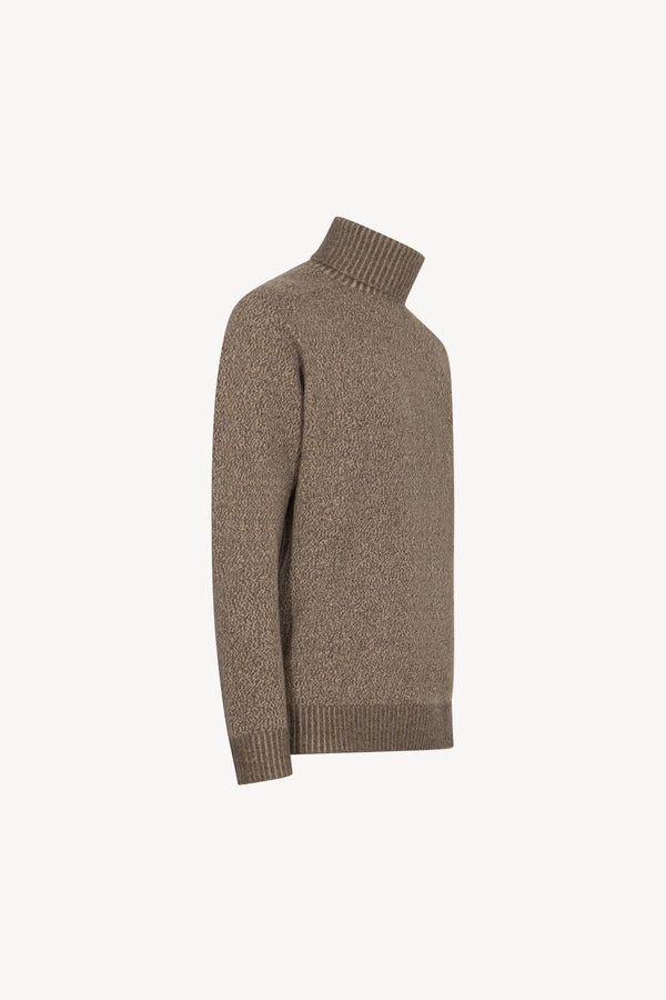 Bark Brown Pure Cashmere Moulinè 4-Ply Turtleneck Pullover