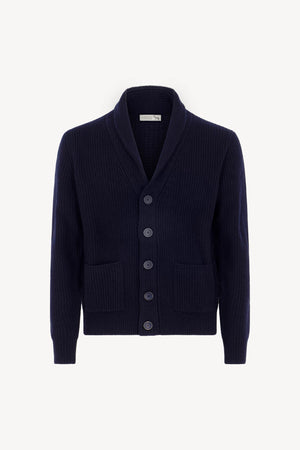 Cardigan Collo a Scialle a Costa Inglese in Puro Cashmere Navy