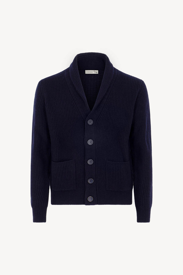 Cardigan Collo a Scialle a Costa Inglese in Puro Cashmere Navy