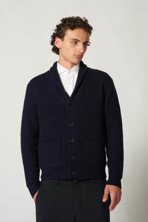 Cardigan Collo a Scialle a Costa Inglese in Puro Cashmere Navy