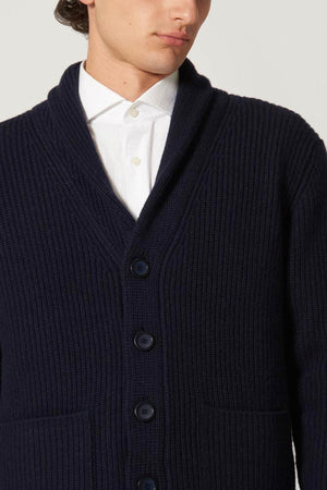 Cardigan Collo a Scialle a Costa Inglese in Puro Cashmere Navy