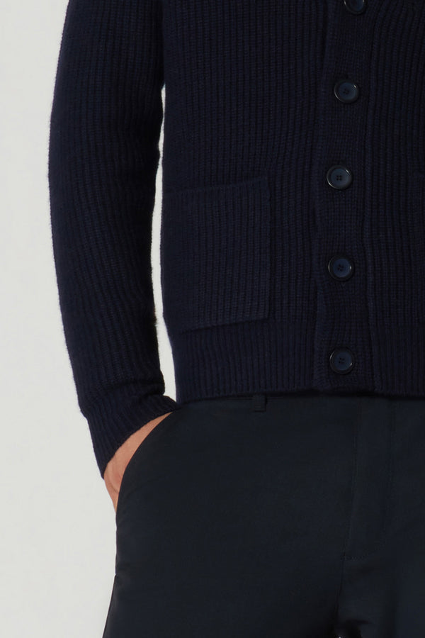 Cardigan Collo a Scialle a Costa Inglese in Puro Cashmere Navy