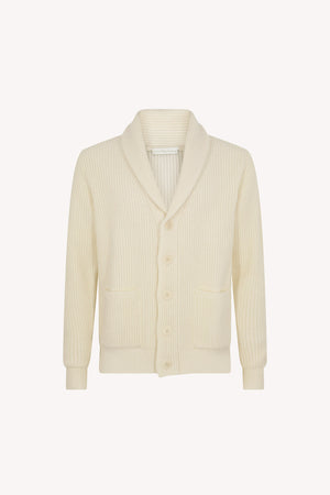 Cardigan Collo a Scialle a Costa Inglese in Puro Cashmere Latte