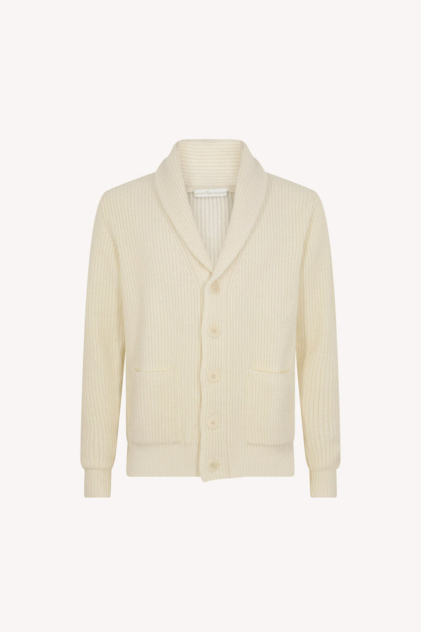 Cardigan Collo a Scialle a Costa Inglese in Puro Cashmere Latte